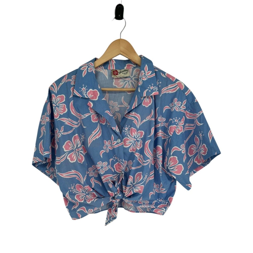 Hilo Hattie Top Women's Size Extra Large Hawaiian Hibiscus Blue Pink Retro Aloha